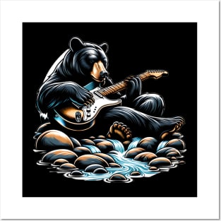 Black Bear Playing Electric Guitar Posters and Art